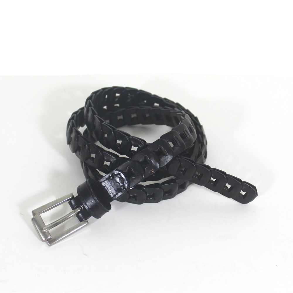 Vintage Black Woven Link Leather Belt, Adjustable Size Small Medium Large S M L